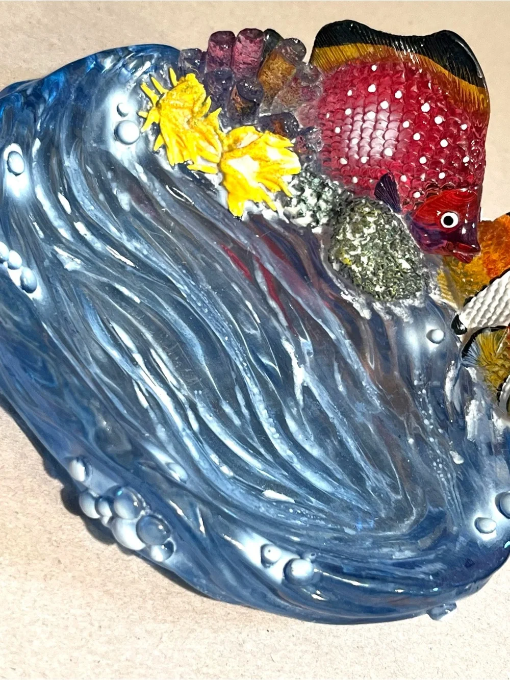Vtg 3D Acrylic Ocean Sea Life Coral Reef Tropical Fish Waves Soap/Trinket Dish